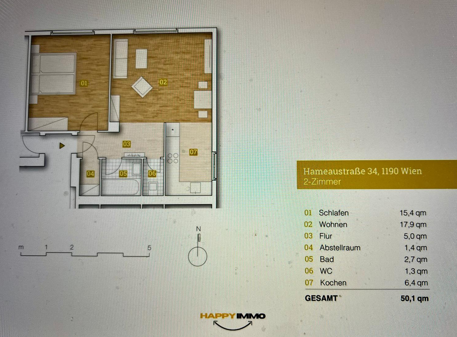 Grundriss Hameaustraße 34/2/7, 1190 Wien — 2-Zimmer-Wohnung 50,1 m²